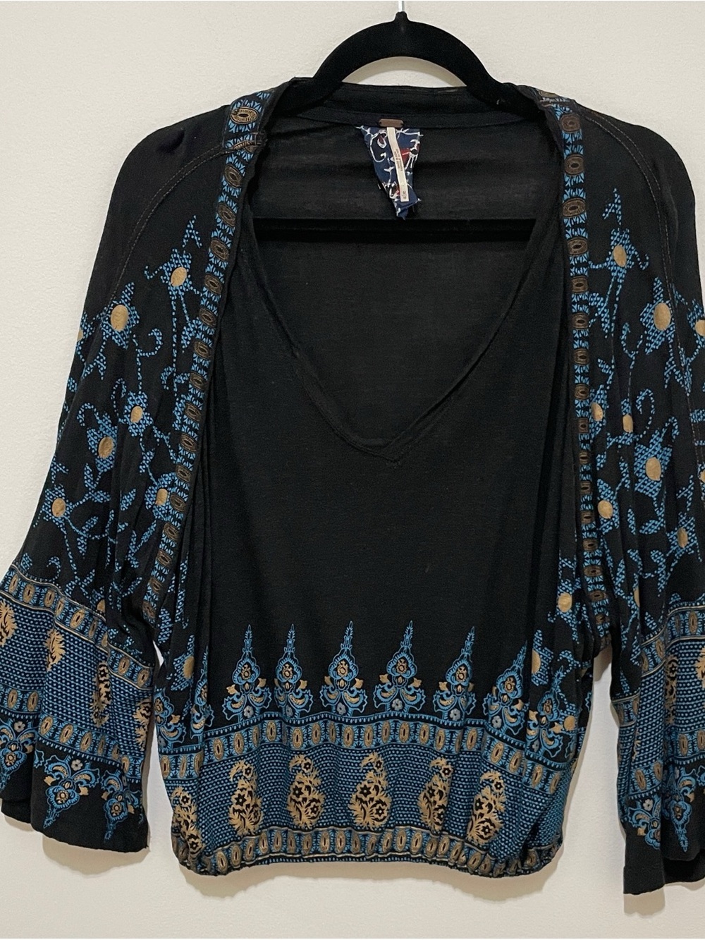 Free People Black Boho Embroidered V-neck Top, Medium - Picture 3 of 10